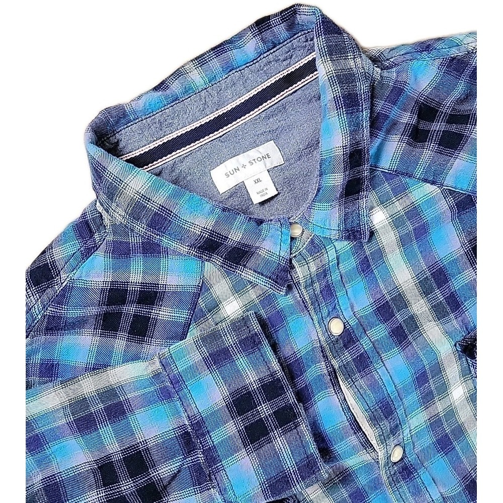 Sun + Stone Mens WESTERN Plaid Button Down Long Sleeve Shirt BLUE 2XL SNAP
